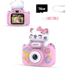 Kids Camera for Boys and Girls, 1080P Toddler Selfie Digital Camera with 2" IPS Screen, 8 × Digital Zoon, Ideal for Kids Children Ages 3–8, Birthday Gift with 16GB SD Card & Cat Silicon Case