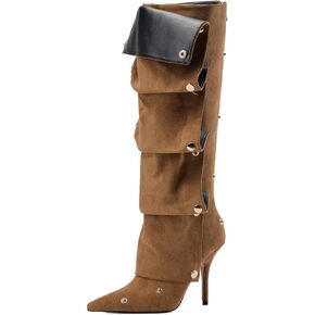 Women's Brown Suede Pointed Toe Fold Over Knee High Shark Cowboy Boots Stiletto Cowgirl High Heel Boots with Zipper Studded Pleated Boots