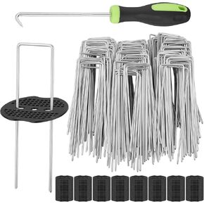 Greaner U-Shaped Landscape Staples, 6 Inch 120PCS Heavy Duty Landscape Fabric Staples with Gasket Kit and Pick Hook for Weed Barrier Fabric, Yard, Tents, Fences
