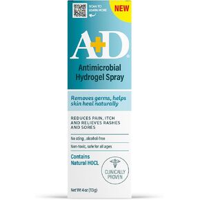 A+D Antimicrobial Hydrogel Spray – with Hypochlorous Acid, Removes Germs, Helps Heal Rashes & Irritations, Reduces Itch & Pain, Alcohol-Free, Non-Sting Formula, Safe for All Ages, 4oz