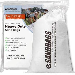 eSANDBAGS. Heavy Duty Sandbags with Tie Strings | Empty Woven Polypropylene Bags for Flood Control, UV Resistant, 50 lb Capacity, 14x26 inches, (1000 empty eSandbags)