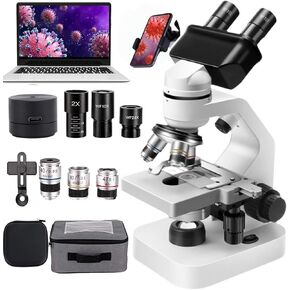 Binocular Microscope 40x-2000/5000x, Upper and Lower Dual Led Lights/Coarse and Fine Focusing/360° Rotation/Double-Layer Stage/Wide Field,with E-Eyepiece+Phone Holder+Storage Bag,2000x