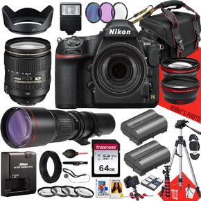 Nikon D850 DSLR Camera with AF-S 24-120mm f/4G ED VR Lens and 500mm Lens + 64GB Memory + Extra Battery + Slave Flash + Filters + Tripod + More (33pc Bundle) (Renewed)