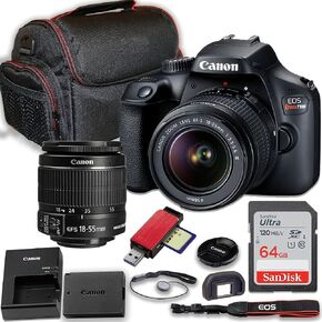 Canon EOS Rebel T100 DSLR Camera with EF-S 18-55mm f/3.5-5.6 III Lens + 64GB Memory Card + Case, Card Reader & More (Renewed)