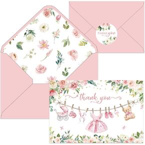 24Pcs Baby Shower Thank You Cards Girl Baby Shower Greeting Cards with Envelopes Stickers Pink Gold Clothes Greeting Cards ,Watercolor Wildflower for Newborn Shower Birthday Gender Reveal Party Supplies