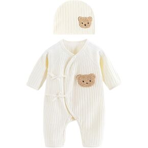 Baby Cotton Jumpsuit & e Hat Long Sleeve Romper Infant Coveralls Spring Bodysuit Cartoon Bear Breathable Outfit Beige