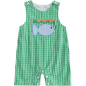 Newborn Baby Boy Fishing Outfit Sleeveless Plaid Romper Overalls Embroidered Jumpsuit Shortall Infant Summer Clothes