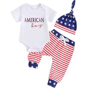 4th of July American Boy/Babe Letter Embroidery Romper + Striped Pants + Beanie Hat 3Pcs Baby Boy Outfit