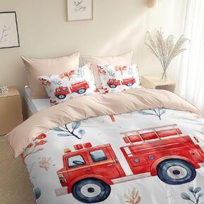 Toddler Duvet Cover 40 X 60 Inches - Watercolor Fire Truck, Brushed Microfiber Reversible Comforter Cover, 2 Pieces Soft & Breathable Cartoon Style Bedding Set with 1 Pillow Shams 20 X 30 Inches