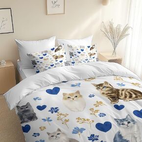 Love Heart Pattern Romantic Design Duvet Cover 2 Pieces Toddler, Animal Cat Comforter Cover, Brushed Microfiber Bedding Set 40 X 60 Inches, Soft Breathable Comfy Bedding with 1 Pillowcases