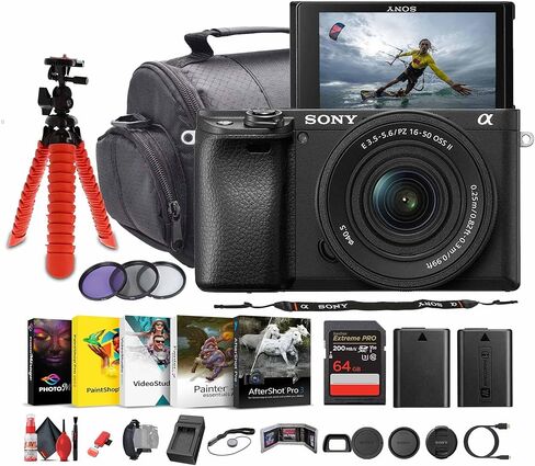 Sony a6100 Mirrorless Camera with 16-50mm f/3.5-5.6 II Lens (ILCE6100KB) + 64GB Memory Card + NP-FW50 Battery + Camera Bag + Charger + Lens Filter Kit + Flexible Tripod + More (Renewed) in Saudi Arabia