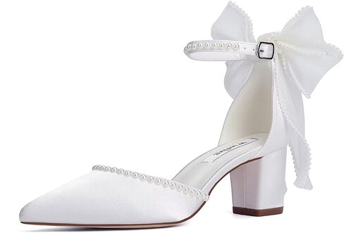 Block Heel Wedding Shoes for Bride Closed Toe Wedding Heels with Bow Pearl Bridal Shoes in Saudi Arabia