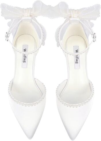 Block Heel Wedding Shoes for Bride Closed Toe Wedding Heels with Bow Pearl Bridal Shoes in Saudi Arabia