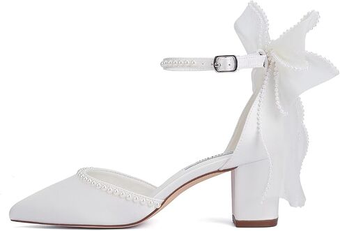 Block Heel Wedding Shoes for Bride Closed Toe Wedding Heels with Bow Pearl Bridal Shoes in Saudi Arabia