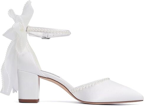 Block Heel Wedding Shoes for Bride Closed Toe Wedding Heels with Bow Pearl Bridal Shoes in Saudi Arabia