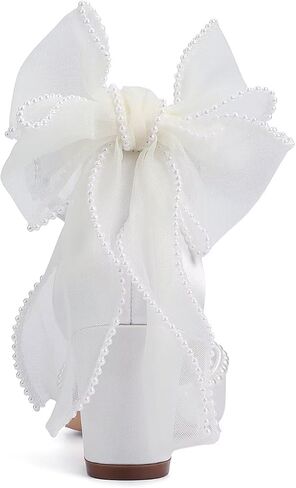 Block Heel Wedding Shoes for Bride Closed Toe Wedding Heels with Bow Pearl Bridal Shoes in Saudi Arabia