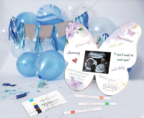 Baby Shower Guest Book Frame, Ultrasound Picture Frames, Butterfly Frame with 12 Watercolor Markers, Butterfly Baby Shower Decoration, Babys Gender Reveal Ideas, Unknown Gender Babys Gifts for Parents-4 in Saudi Arabia