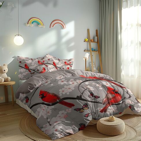 Gray Tone Reversible Duvet Cover Set Toddler, Cardinal Cherry Blossom Butterfly 40 X 60 Inches Bedding Sets, Bedroom Bedding for Boys Girls Includes 1 Comforter Cover & 1 Pillow Case in Saudi Arabia