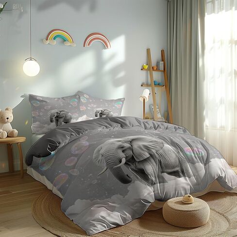 Toddler Reversible Duvet Cover 2 Pieces Animal Elephant, Soft Brushed Microfiber Bedding Set for Kids & Adults, Zipper Closure, Includes 1 Cloud Bubbles Duvet Cover 40 X 60 Inches & 1 Pillow Shams in Saudi Arabia