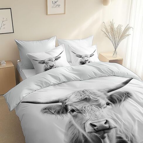 Highland Cattle Duvet Cover Set 2 Pieces Toddler, 1 Comforter Cover 40 X 60 Inches and 1 Pillowcases for Kids & Adults, Brushed Microfiber Bedding Set Comfy Breathable, Black and White Simple Style in Saudi Arabia