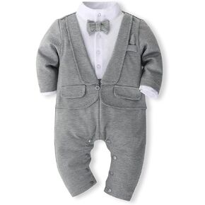 Baby Boy's Cotton Gentleman Romper Suits Party Tuxedo One Piece Outfit Lapel Tie Fake Two Piece Jumpsuit