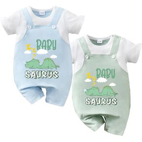 2-Pack Baby Dinosaur Romper Set Baby Saurus Short sleeve Overalls with Snap Bottoms Toddler Boy Girl Summer Outfit