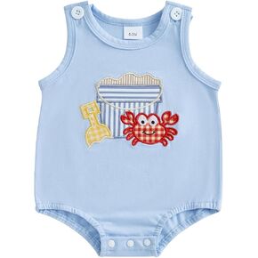 Baby Boy Crawfish Fishing Outfit Sleeveless Bubble Romper Fish/Lobster Overalls Bodysuit Beach Summer Clothes