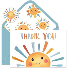 Whaline 24 Pack Sunshine Thank You Cards Pink Orange Cartoon Sun Note Card with Envelopes Stickers Cute Greeting Blank Card for Birthday Baby Shower