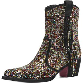 Tsrenlmln Ankle Boots for Women Pointed Toe Rhinestone Western Cowboy Slip-On Short Boots