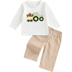 Baby Boy Football Outfit Tractor with Rugby Embroidery Pullover Shirt Gingham Pants Toddler Game Day Fall Clothes