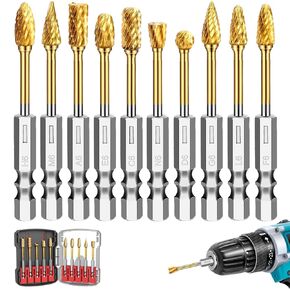SUNJOYCO 10 Pcs 1/4" Carbide Burr Set, Double Cut Die Grinder Bits Rotary Burrs Tool Set with Box for Metal, Wood, Stone, and Deburring