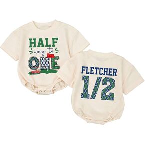 Personalized Half Birthday Outfit Baby Boy, 1/2 Birthday Boy Bubble Romper, Half Way To One Boy Bodysuit