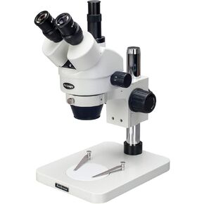 AmScope SM-1TSX Professional Trinocular Stereo Zoom Microscope, WH10x Eyepieces, 3.5X-45X Magnification, 0.7X-4.5X Zoom Objective, Ambient Lighting, Pillar Stand, Includes 0.5X Barlow Lens