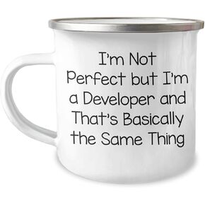 Developer Humor Funny Gifts from Friend to Colleague 12oz Enamel Stainless Steel Camping Mug for Developer Birthday Presents, Perfect for Imperfect Coders and Tech Enthusiasts