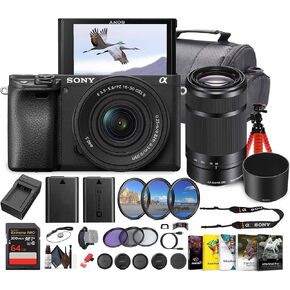 كاميرا Sony Alpha A6100 Mirrorless مع عدسة OSS II 16-50 مم وعدسات تكبير 55-210 مم (ILCE6100XB) + برنامج تصوير + 64 جيجابايت بطاقة ذاكرة + بطارية NP-FW50 + كاميرا + شاحن + المزيد