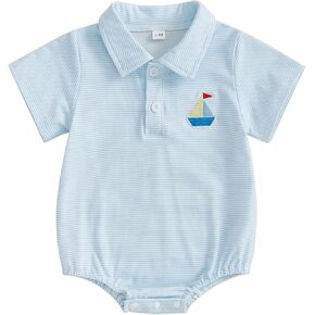 Gueuusu Newborn Baby Boy Summer Outfit Sailboat Embroidery Short Sleeve Lapel Button Up Romper Loose Fit Striped Jumpsuit