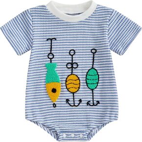 Newborn Baby Boy Summer Outfit Fish Embroidery Striped Romper Waffle Knit Short Sleeve Jumpsuit