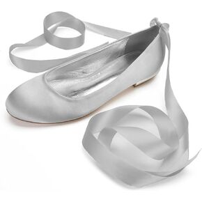 Women's Wedding Bridal Shoes Satin Flats Round Toe Wedding Bridal Party Dress Pumps Satin Closed Mouth Ribbon Ballerina Shoes