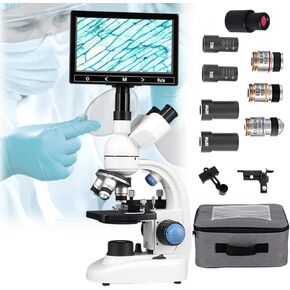 Portable Microscope Kit, 40x-30000x/50000x/70000x Digital Trinocular Compound Led Microscope, 7"" Display Screen +E-Eyepiece,for Laboratory