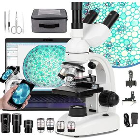Microscope for Adults Kids, 40x-5000x Compound Biological Trinocular Microscopes with E-Eyepiece/Phone Holder/Objective Lens/Eyepiece/Caliper