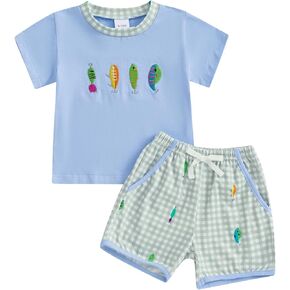 Toddler Baby Boy Fishing Outfit Short Sleeve Crew Neck Shirt and Plaid Elastic Waist Shorts Set Infant Summer Clothes