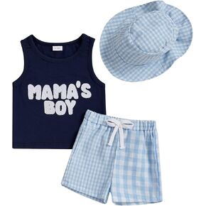 Toddler Baby Boy Summer Clothes Letter Print Sleeveless Tank Top Plaid Shorts Set Cute First Mothers Day Baby Outfit