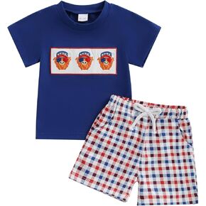 4th of July Baby Boy Summer Outfit Embroidery Letters T-shirt Plaid Shorts Set Toddler Fourth of July Clothes