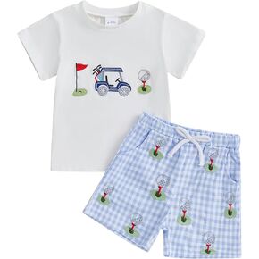Toddler Baby Boy Golf Outfit Golf Cart Embroidery Short Sleeves T-Shirt Tops Shorts Baby Boy Summer Clothes Set