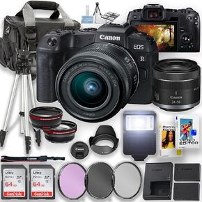 Canon EOS RP Mirrorless Camera with RF 24-50mm f/4.5-6.3 is STM Lens and Flash + 2pc 64GB Memory Cards, Wideangle and Telephoto Lens, Camera Case, Filters & More (Renewed)