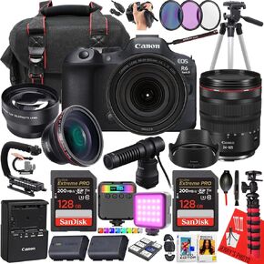 Canon EOS R6 Mark II Mirrorless Camera مع Canon RF 24-105mm f/4 L هي عدسة USM + 2PC 128 جيجابايت + Canon DM-E100 Microphone + LED Light + More (حزمة 28pc) (متجددة)