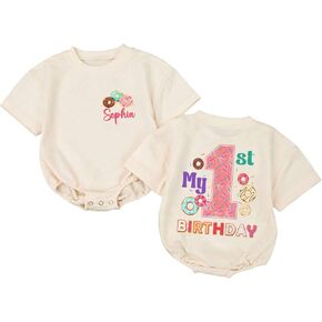 Personalized Birthday Girl Romper Donuts Graphic, 1st Birthday Girl Outfit, First Birthday Outfit Girl