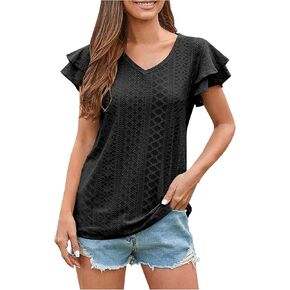 V Neck Eyelet Tops for Women Summer Casual Dressy Short Ruffled Sleeve Shirts Neck Trendy Shirts Elegant Blouse