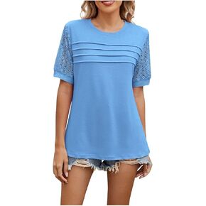 Womens Lace Sleeve Tops Summer Pleated Shirts Dressy Casual Tshirts Trendy Puff Short Sleeve Business Elegant Blouse