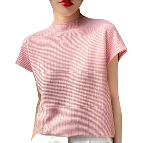 Womens Waffle Knit Tops 2025 Summer Fashion Breathable Cap Sleeves Mock Neck Solid Color Casual Outdoor T-Shirts Blouses